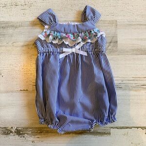 Bonnie Baby Blue Stripe Bubble Romper 3-6M Floral Ruffle Bow Summer Outfit Cute